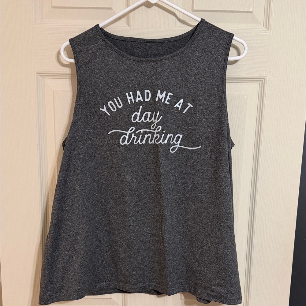 Graphic Muscle Tank with 'You Had Me at Day Drinking' Slogan - Dark Heather Gray